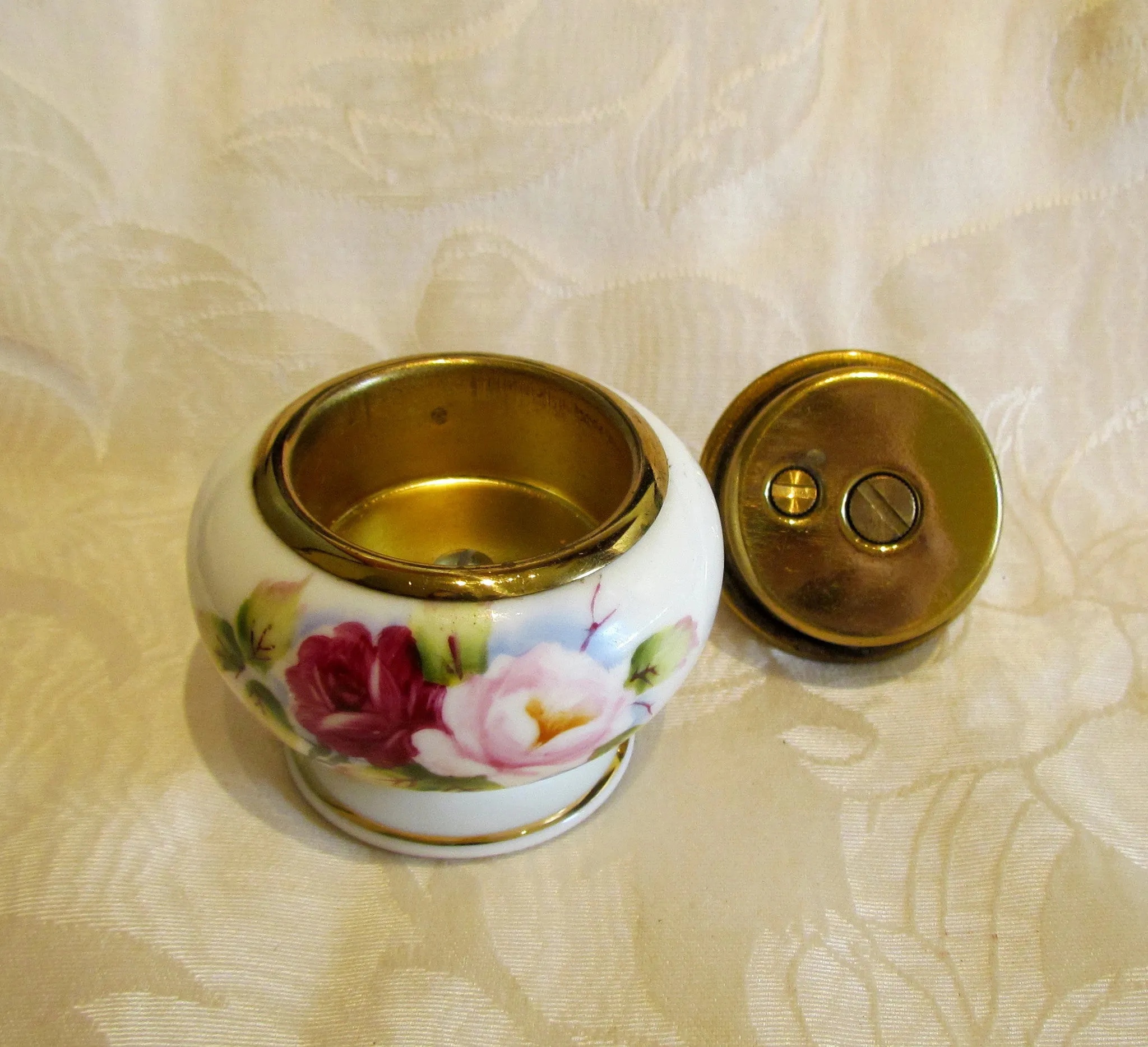 1940s Table Lighter Cigarette Lighter Vintage Hand Painted Bone China Floral Gold Ceramic WORKING