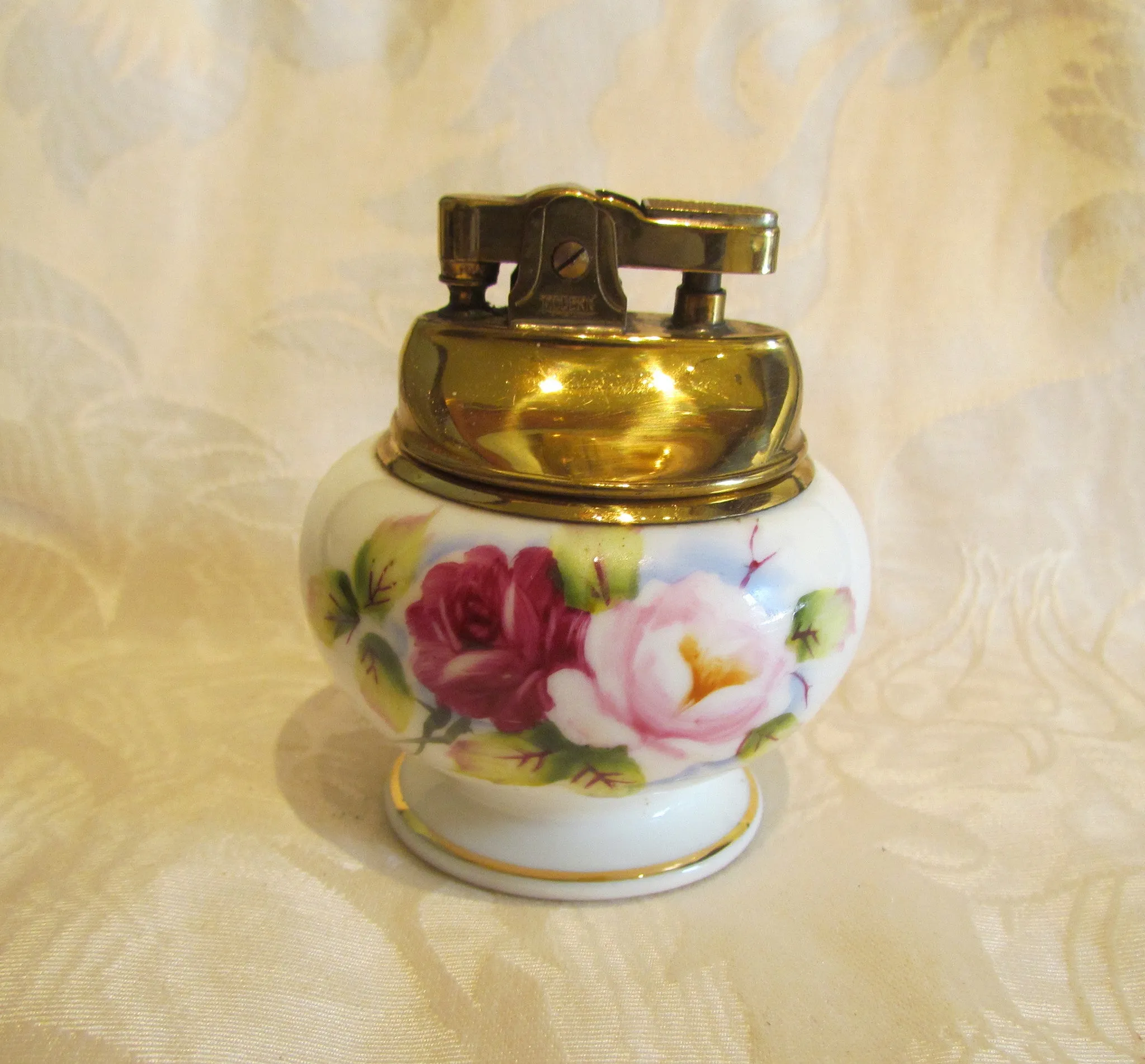 1940s Table Lighter Cigarette Lighter Vintage Hand Painted Bone China Floral Gold Ceramic WORKING