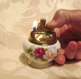 1940s Table Lighter Cigarette Lighter Vintage Hand Painted Bone China Floral Gold Ceramic WORKING