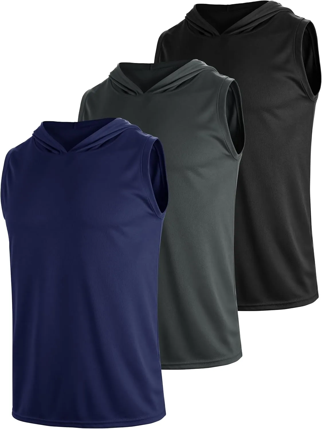 3 Pack Men's Sleeveless Workout Hoodies Dry Fit Quick Dry T Shirts with Hoods Running Gym Muscle Hooded Tank Top