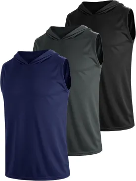 3 Pack Men's Sleeveless Workout Hoodies Dry Fit Quick Dry T Shirts with Hoods Running Gym Muscle Hooded Tank Top