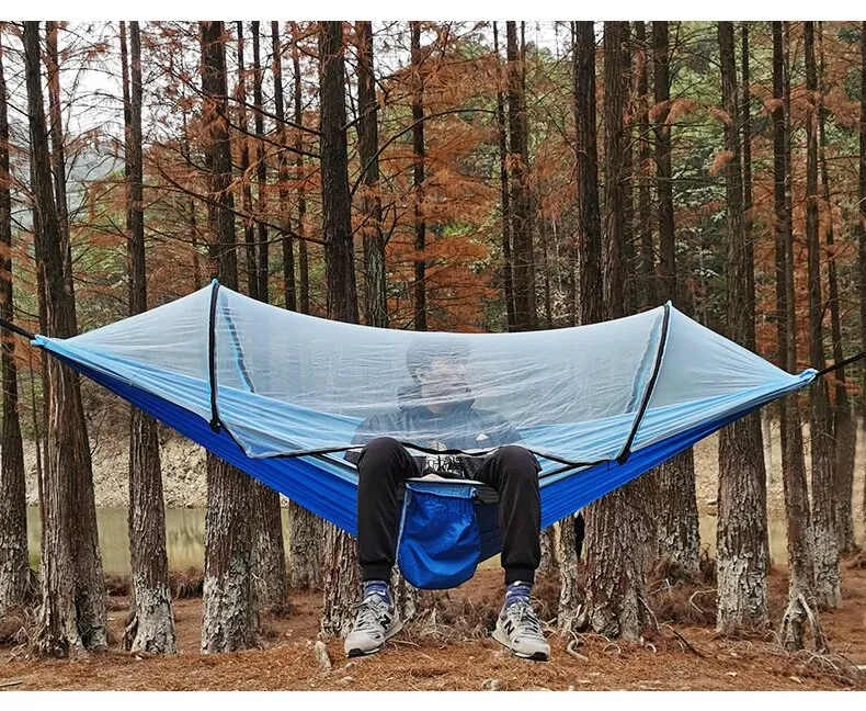 Anypack Camping Swing Chair Blue 260X140Cm Mosquito Net Hammock Automatic Quick-Opening Outdoor Camping Pole Hammock Swing Anti-Rollover