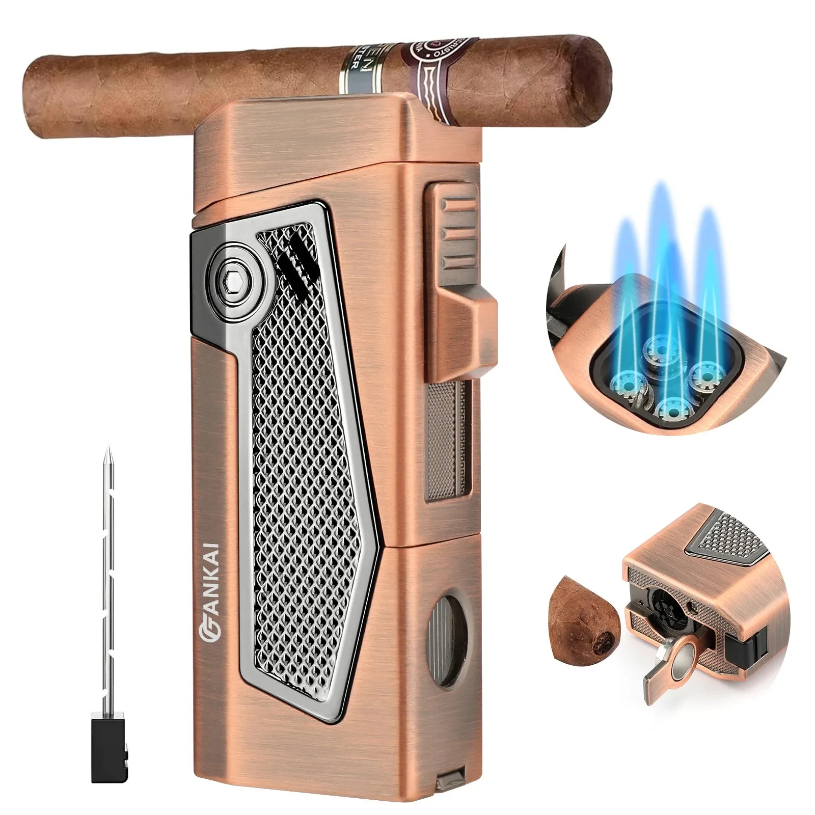 Cigar Lighter 4 Torch Jet Flame,Cigar Punch & Holder & Draw Enhancer,Refillable Torch Lighter