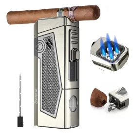 Cigar Lighter 4 Torch Jet Flame,Cigar Punch & Holder & Draw Enhancer,Refillable Torch Lighter