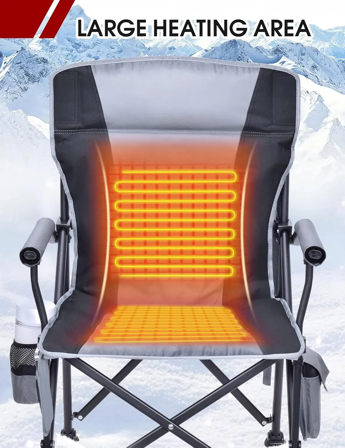 Heated Camping Chair for Adults, Fully Padded Heated Folding Chair with 3 Heat Levels, Heats Back and Seat, Rich Pockets, Heated Chairs Outdoor Sports, Support 300LBS - Batteries NOT Included - Gray