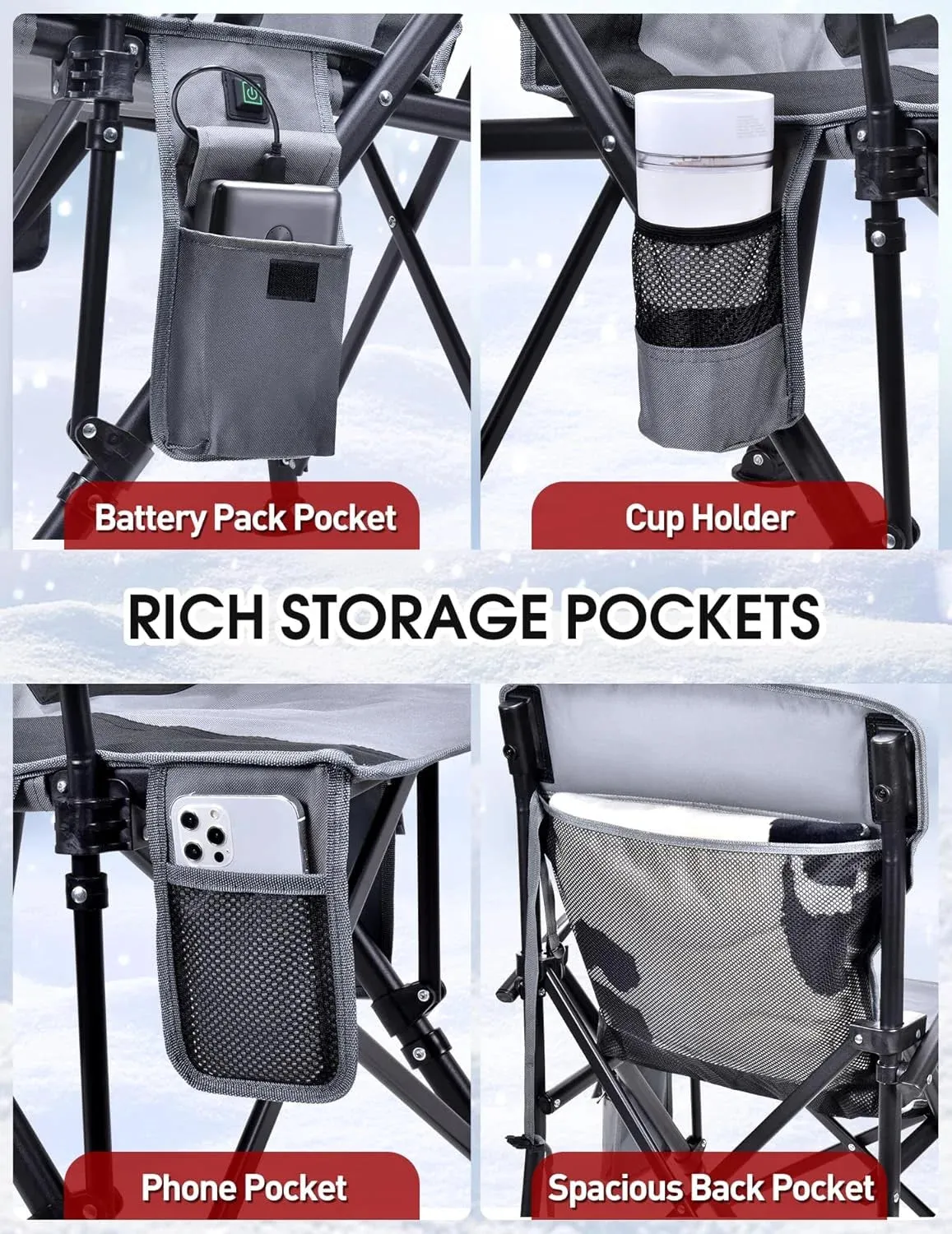 Heated Camping Chair for Adults, Fully Padded Heated Folding Chair with 3 Heat Levels, Heats Back and Seat, Rich Pockets, Heated Chairs Outdoor Sports, Support 300LBS - Batteries NOT Included - Gray