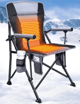 Heated Camping Chair for Adults, Fully Padded Heated Folding Chair with 3 Heat Levels, Heats Back and Seat, Rich Pockets, Heated Chairs Outdoor Sports, Support 300LBS - Batteries NOT Included - Gray