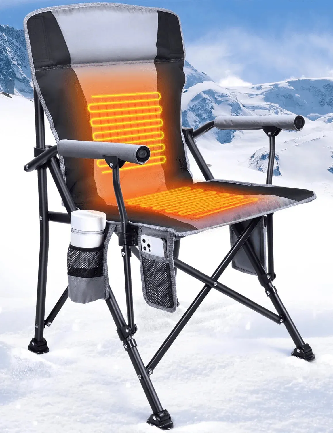 Heated Camping Chair for Adults, Fully Padded Heated Folding Chair with 3 Heat Levels, Heats Back and Seat, Rich Pockets, Heated Chairs Outdoor Sports, Support 300LBS - Batteries NOT Included - Gray