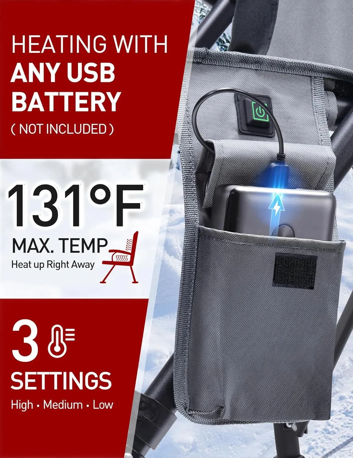 Heated Camping Chair for Adults, Fully Padded Heated Folding Chair with 3 Heat Levels, Heats Back and Seat, Rich Pockets, Heated Chairs Outdoor Sports, Support 300LBS - Batteries NOT Included - Gray