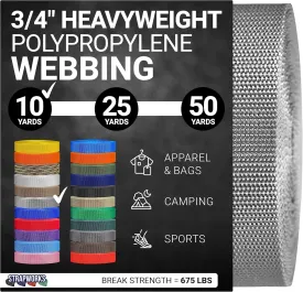 Heavyweight Polypropylene Webbing - Heavy Duty Poly Strapping for Outdoor DIY Gear Repair, 3/4 Inch