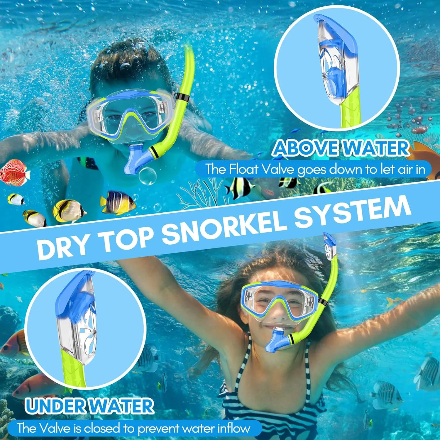 HiiPeak Snorkeling Gear for Kids, Goggles with Nose Cover, Dry Top Snorkel Set for Ages 5-15