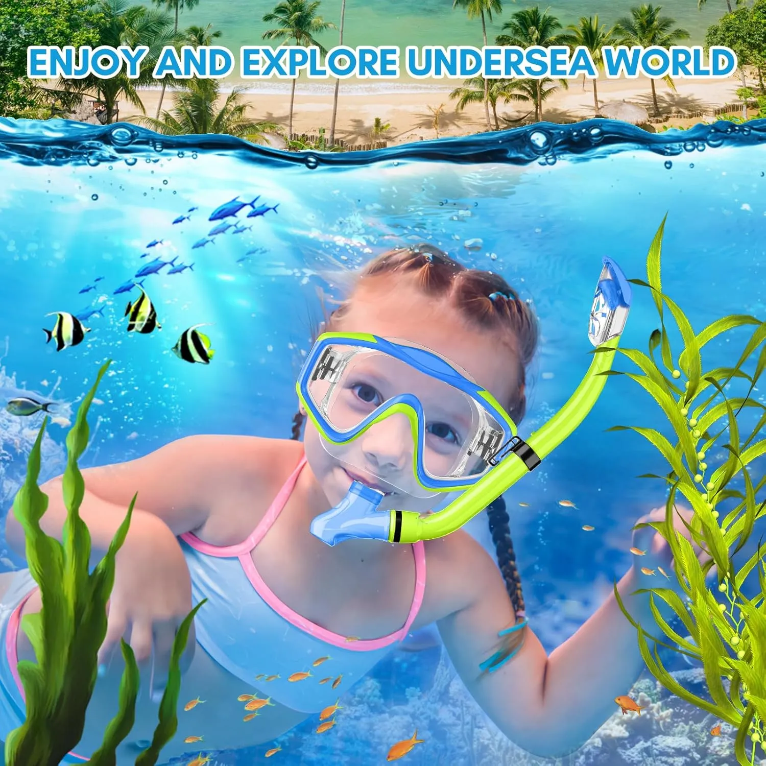 HiiPeak Snorkeling Gear for Kids, Goggles with Nose Cover, Dry Top Snorkel Set for Ages 5-15