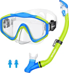 HiiPeak Snorkeling Gear for Kids, Goggles with Nose Cover, Dry Top Snorkel Set for Ages 5-15