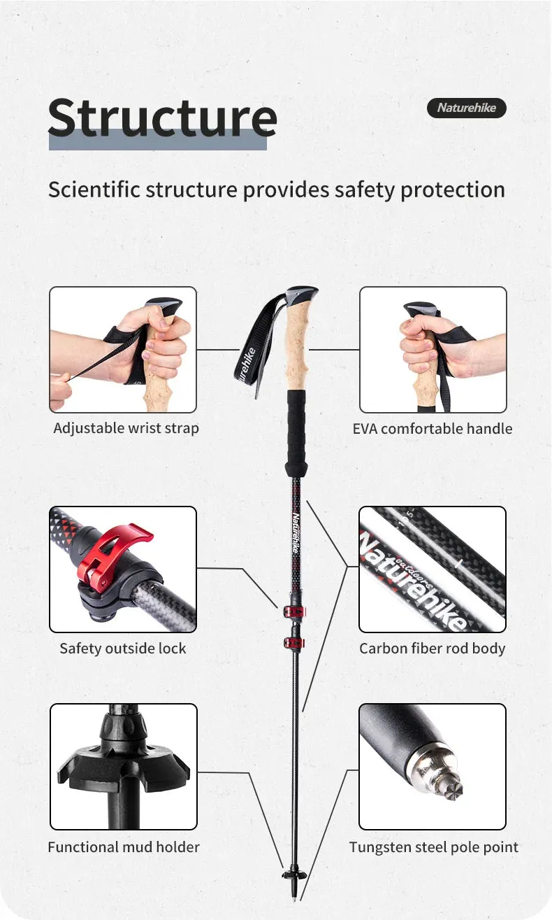 Hiking Stick Trekking Poles 2pcs Carbon Fiber Collapsible Telescopic