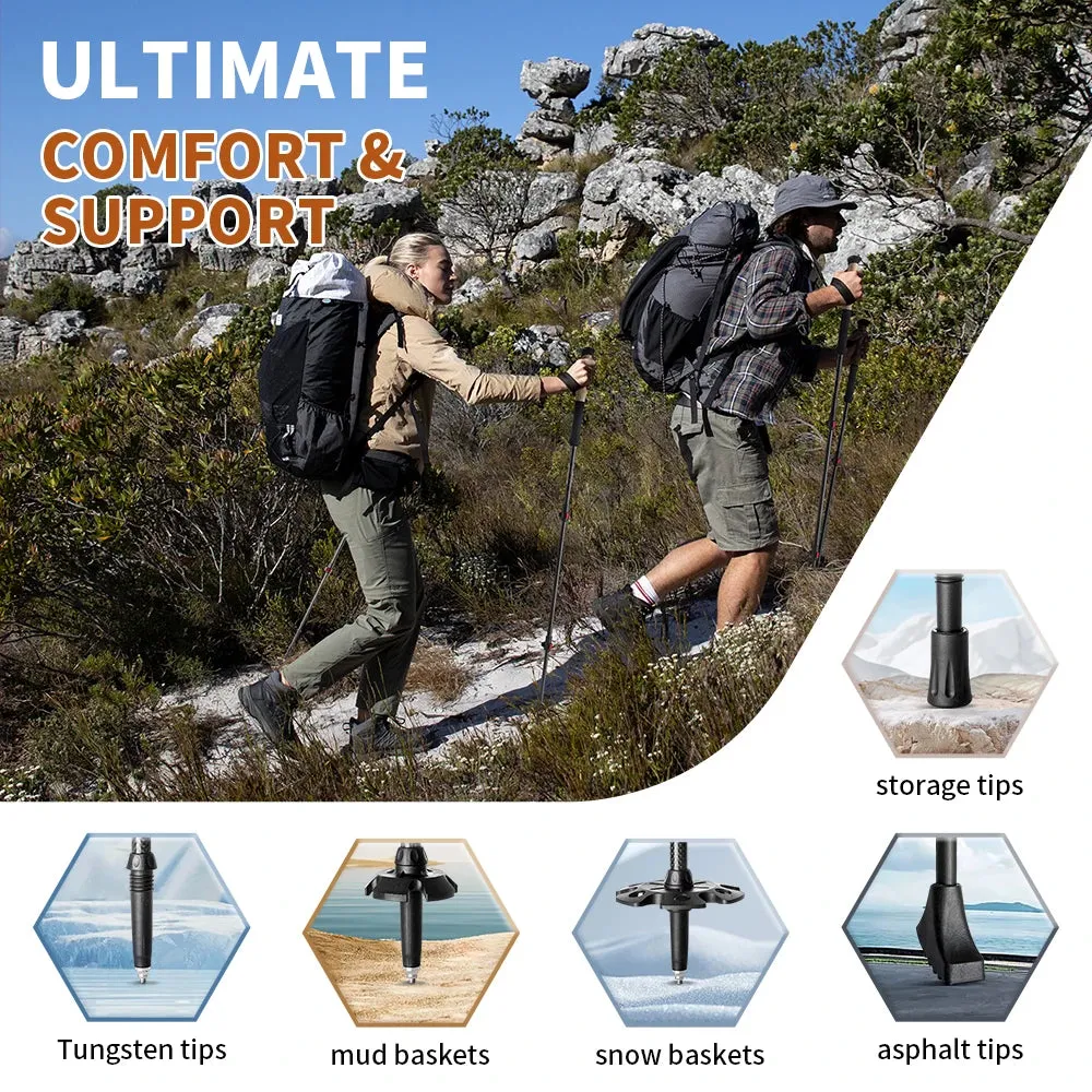 Hiking Stick Trekking Poles 2pcs Carbon Fiber Collapsible Telescopic