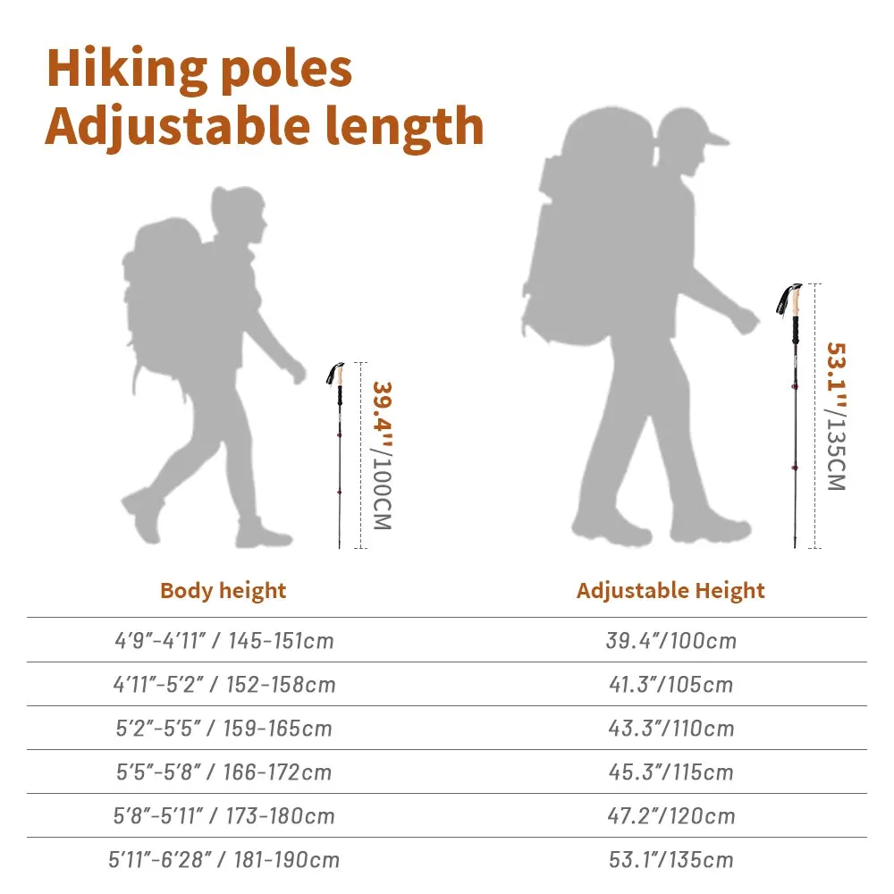 Hiking Stick Trekking Poles 2pcs Carbon Fiber Collapsible Telescopic