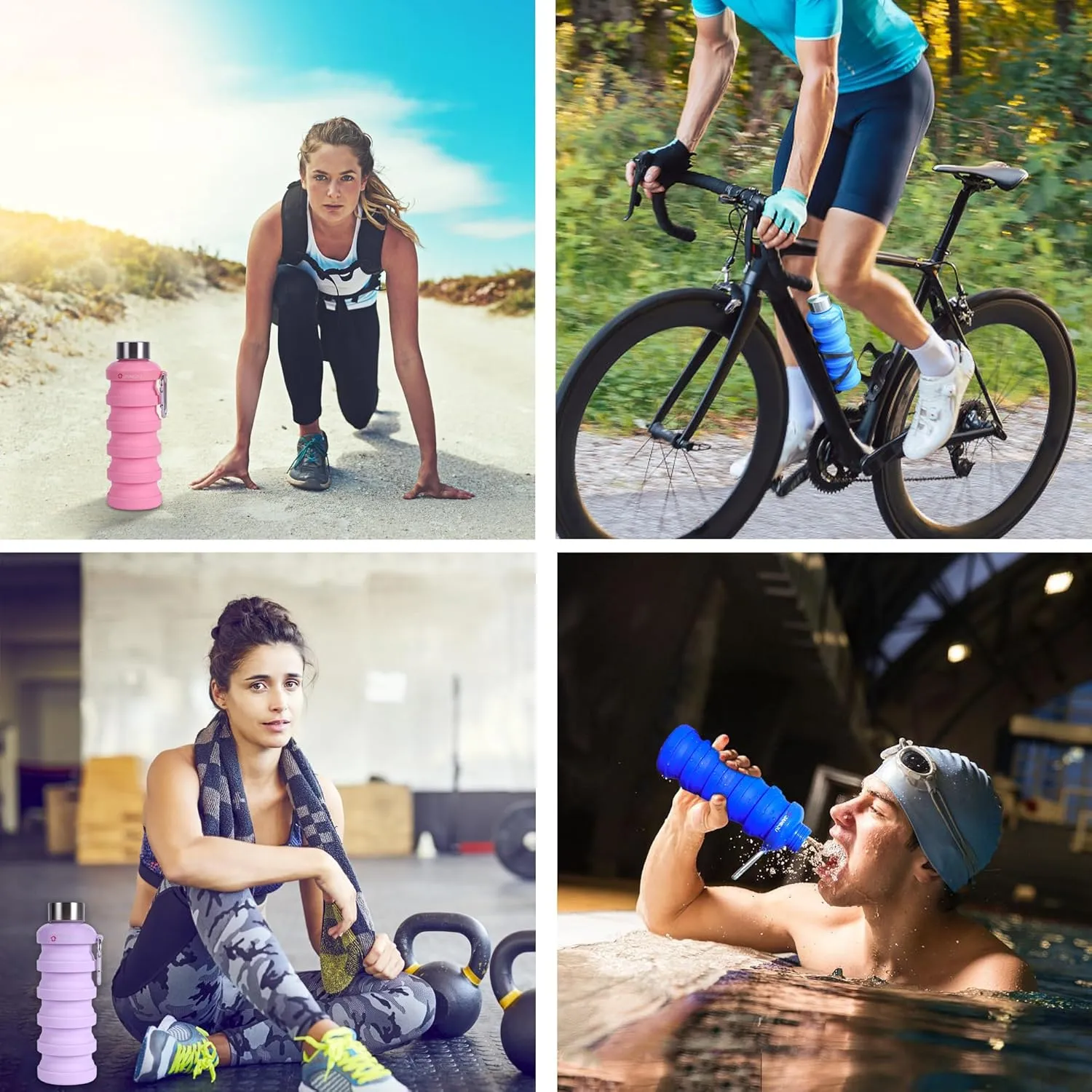 JaneJu Collapsible Water Bottle, 17oz BPA Free Silicone Reusable Portable Lightweight Foldable Water Bottles with Carabiner, Portable Leak Proof Sports Water Bottle (Navi Blue)