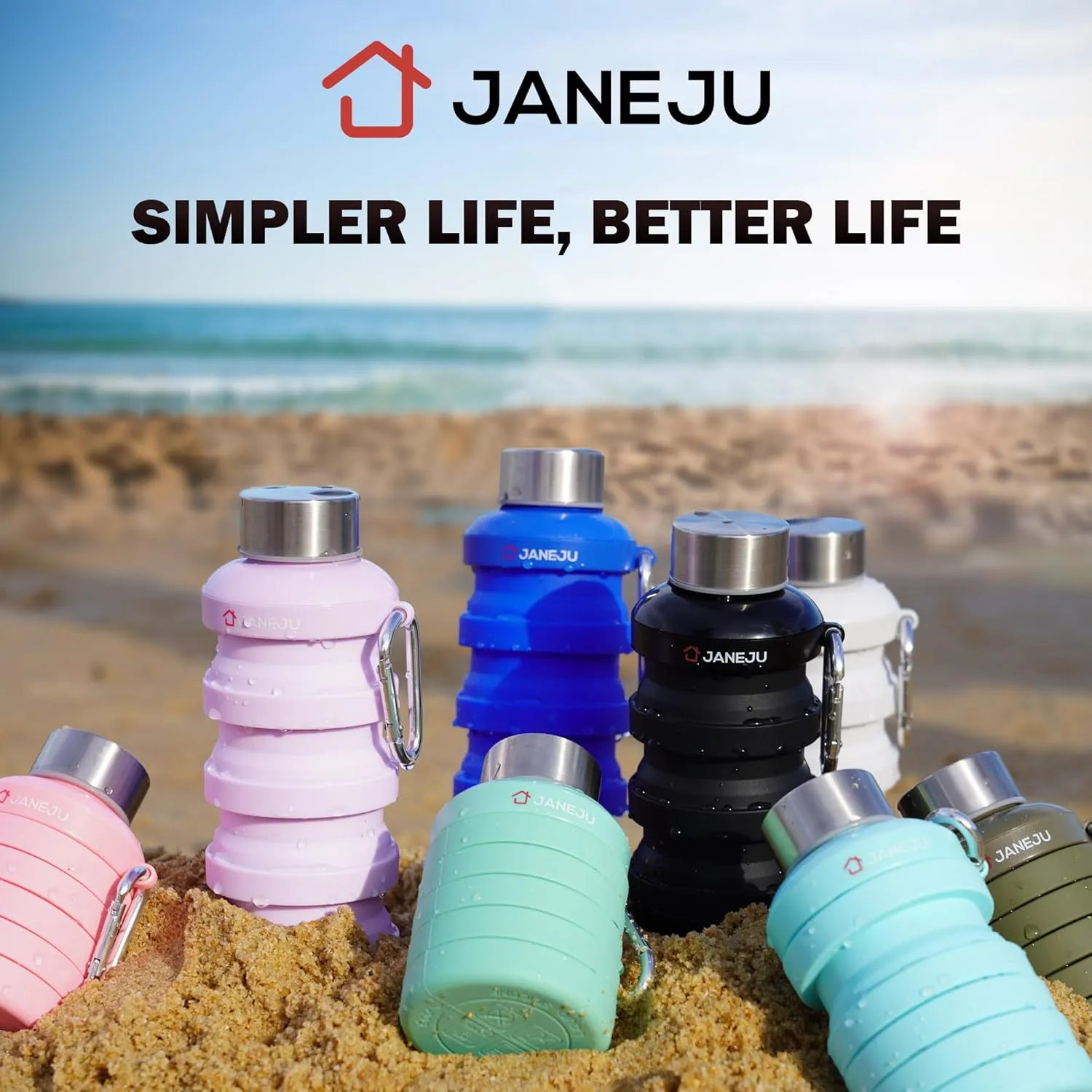JaneJu Collapsible Water Bottle, 17oz BPA Free Silicone Reusable Portable Lightweight Foldable Water Bottles with Carabiner, Portable Leak Proof Sports Water Bottle (Navi Blue)