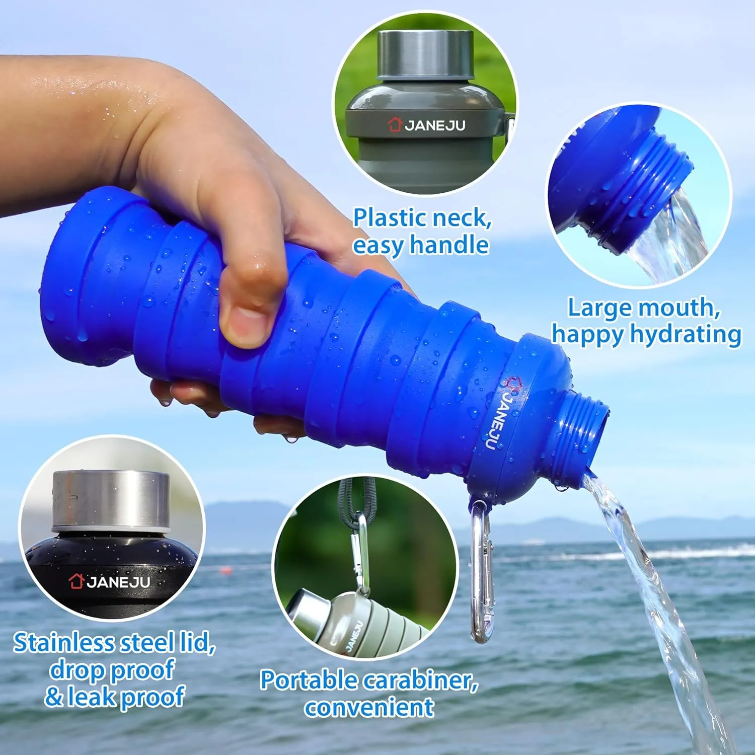 JaneJu Collapsible Water Bottle, 17oz BPA Free Silicone Reusable Portable Lightweight Foldable Water Bottles with Carabiner, Portable Leak Proof Sports Water Bottle (Navi Blue)