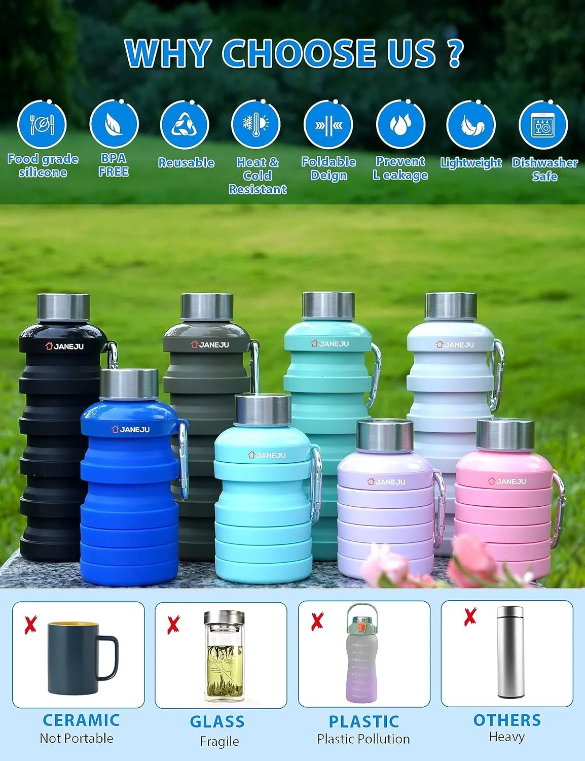 JaneJu Collapsible Water Bottle, 17oz BPA Free Silicone Reusable Portable Lightweight Foldable Water Bottles with Carabiner, Portable Leak Proof Sports Water Bottle (Navi Blue)