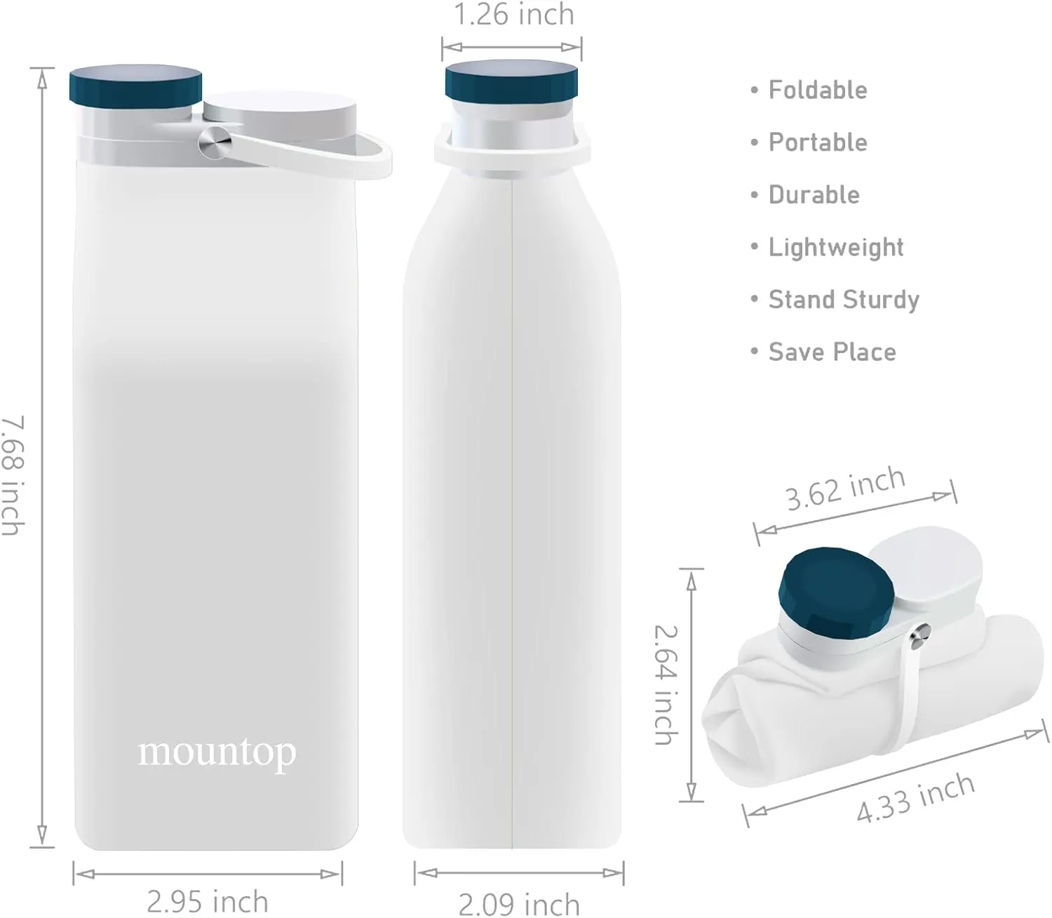 mountop Collapsible Water Bottle, Portable Food Grade Silicone Foldable Travel Reusable Leak Proof Water Bottles for Traveling Running Fitness BPA Free, 20oz, White