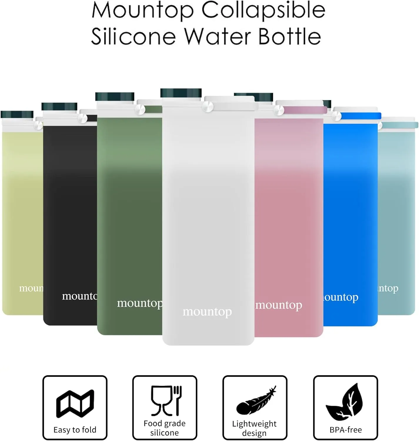 mountop Collapsible Water Bottle, Portable Food Grade Silicone Foldable Travel Reusable Leak Proof Water Bottles for Traveling Running Fitness BPA Free, 20oz, White