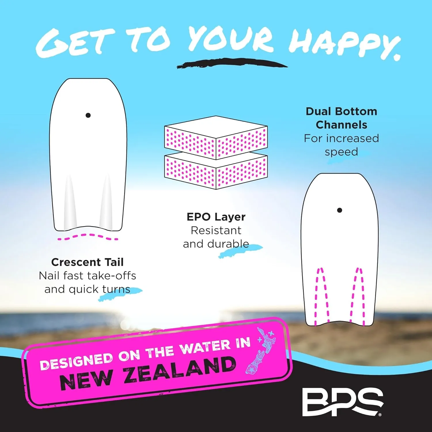 Own the Wave 'Wave Weapon' Body Board for All Wave Conditions - Lightweight with EPS Core HDPE Slick Bottom Body Boards for Beach with Wrist Leash and Plug for Kids and Adults
