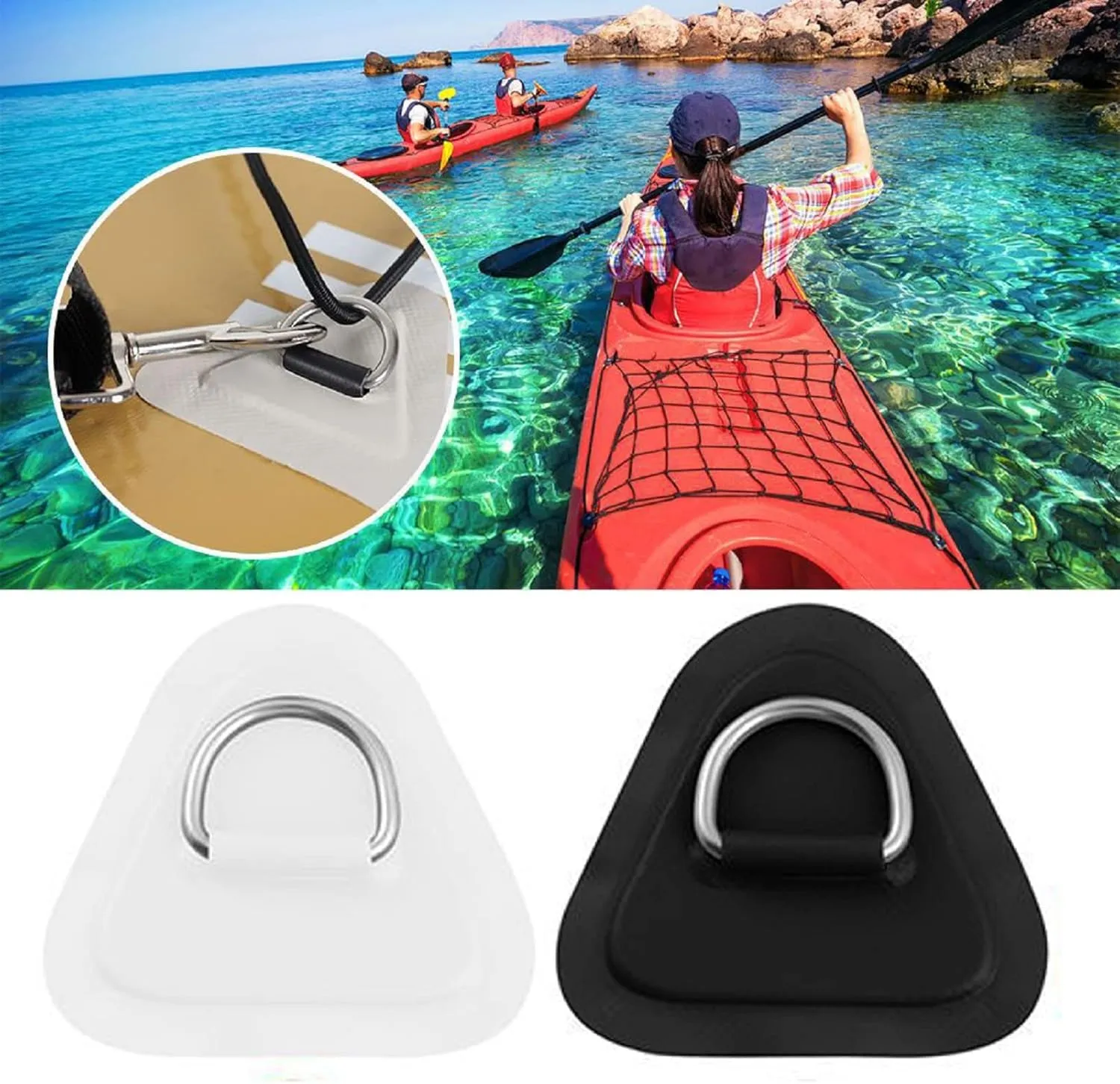 PVC D-Ring Patch Stainless Steel D Ring Patches with 8.2ft Bungee Cord, 6pcs Hook Clips for for Inflatable Boat Kayak Dinghy SUP Deck Stand up Paddleboard Rafting Accessories