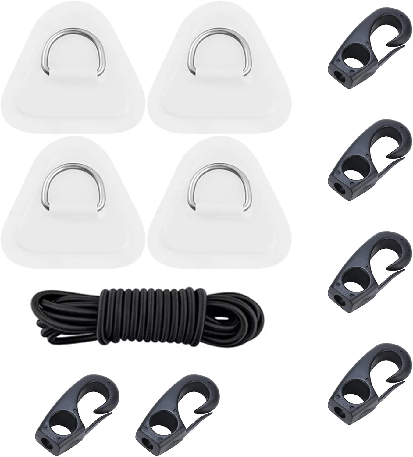PVC D-Ring Patch Stainless Steel D Ring Patches with 8.2ft Bungee Cord, 6pcs Hook Clips for for Inflatable Boat Kayak Dinghy SUP Deck Stand up Paddleboard Rafting Accessories