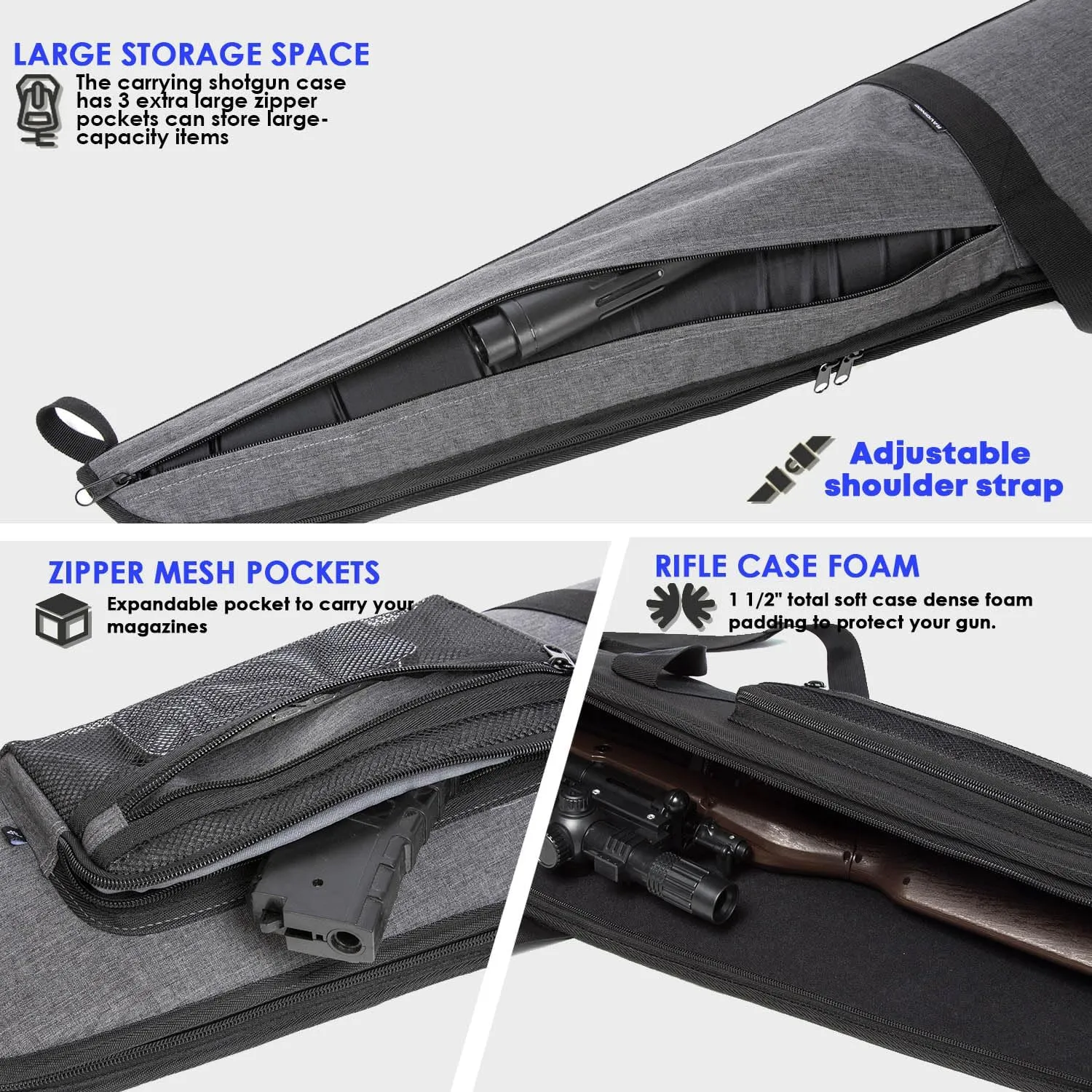 Rifle Case Soft Shotgun Cases - Water Resistant Gun Carry Bag for Scoped Rifles with 3 Accessory Pockets Adjustable Shoulder Strap Available Length in 46 52 Inch