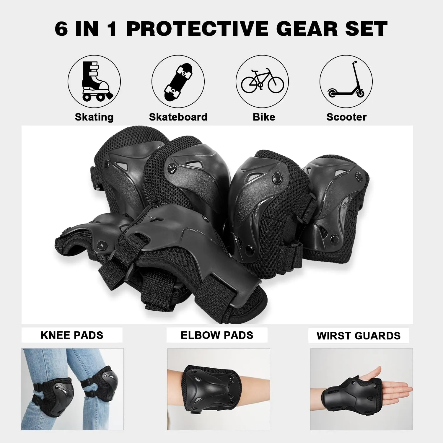Roller Skate Pads Adult Knee And Elbow Pads For Roller Skating, Wrist Guards Skateboarding Protective Gear Adult Knee Pads For Men Women Skating Pads M