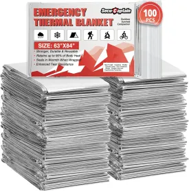 SecuCaptain Survival Emergency Thermal Blankets: Extra Large 84 x63 Space Mylar Blanket Kit for Outdoor Cold Winter Camping Hiking Car Bug Out Bag or First Aid - 100 Pack