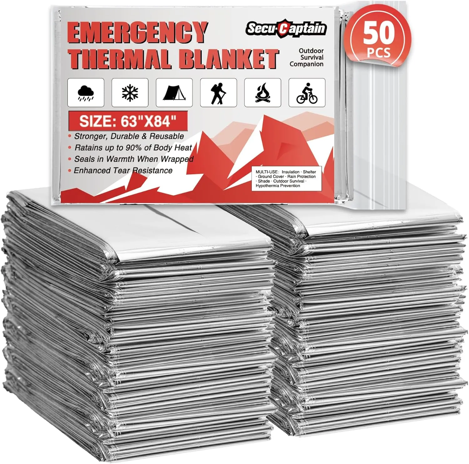 SecuCaptain Survival Emergency Thermal Blankets: Extra Large 84 x63 Space Mylar Blanket Kit for Outdoor Cold Winter Camping Hiking Car Bug Out Bag or First Aid - 50 Pack