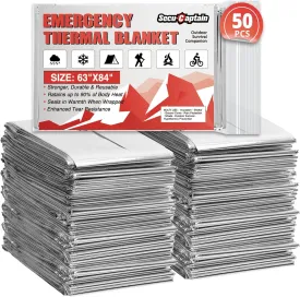 SecuCaptain Survival Emergency Thermal Blankets: Extra Large 84 x63 Space Mylar Blanket Kit for Outdoor Cold Winter Camping Hiking Car Bug Out Bag or First Aid - 50 Pack