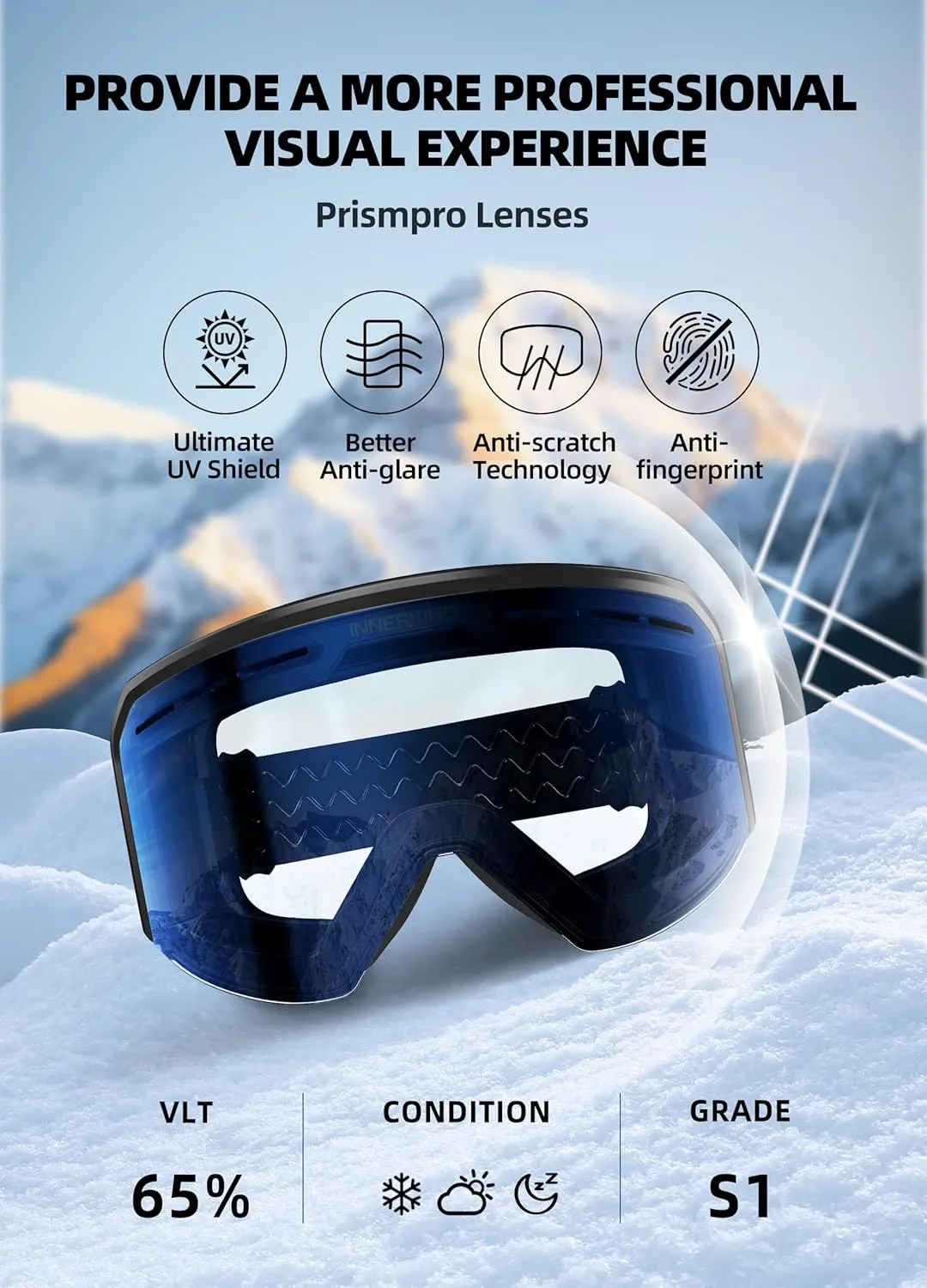 Ski/Snowboard Goggles OTG for Men Women & Youth - Over Glasses Snow Sports Goggles Anti Fog 100% UV400 Protection