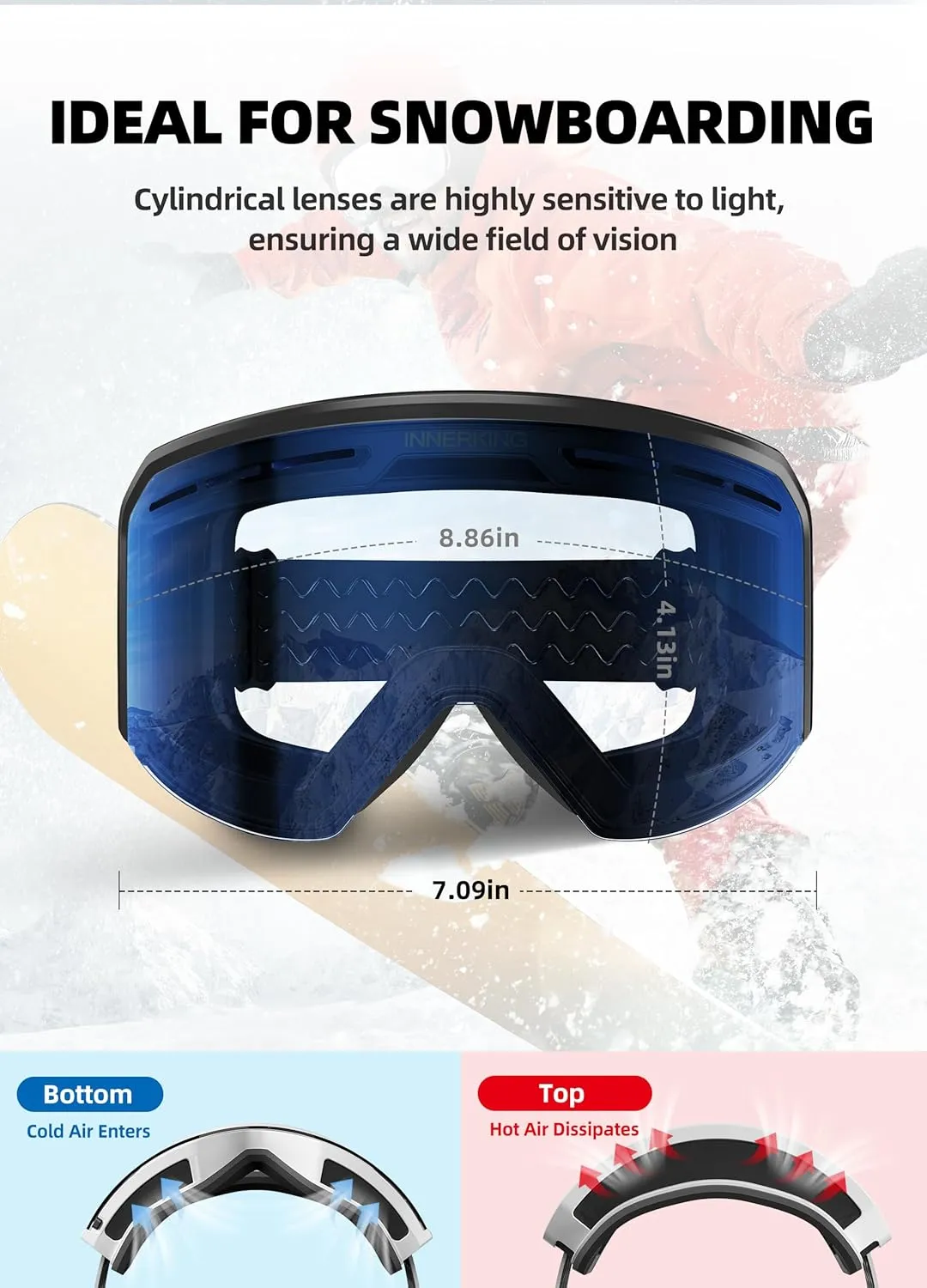 Ski/Snowboard Goggles OTG for Men Women & Youth - Over Glasses Snow Sports Goggles Anti Fog 100% UV400 Protection